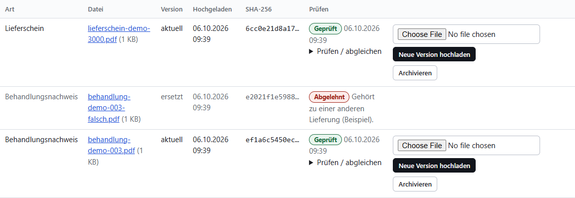 Dokumententabelle mit geprüftem Lieferschein, abgelehnter und neuer Version des Behandlungsnachweises