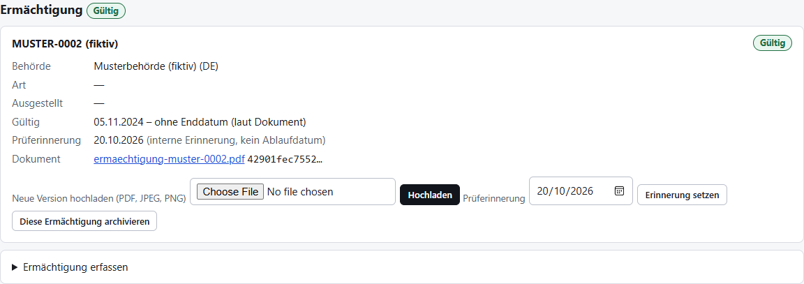Lieferant mit Ermächtigung ohne Ablaufdatum und interner Prüferinnerung