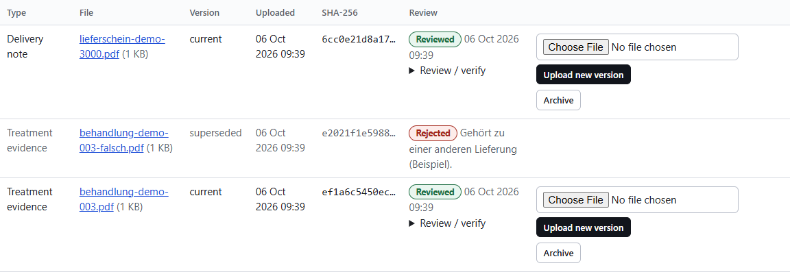 Document table with a reviewed delivery note, a rejected and a new version of the treatment evidence